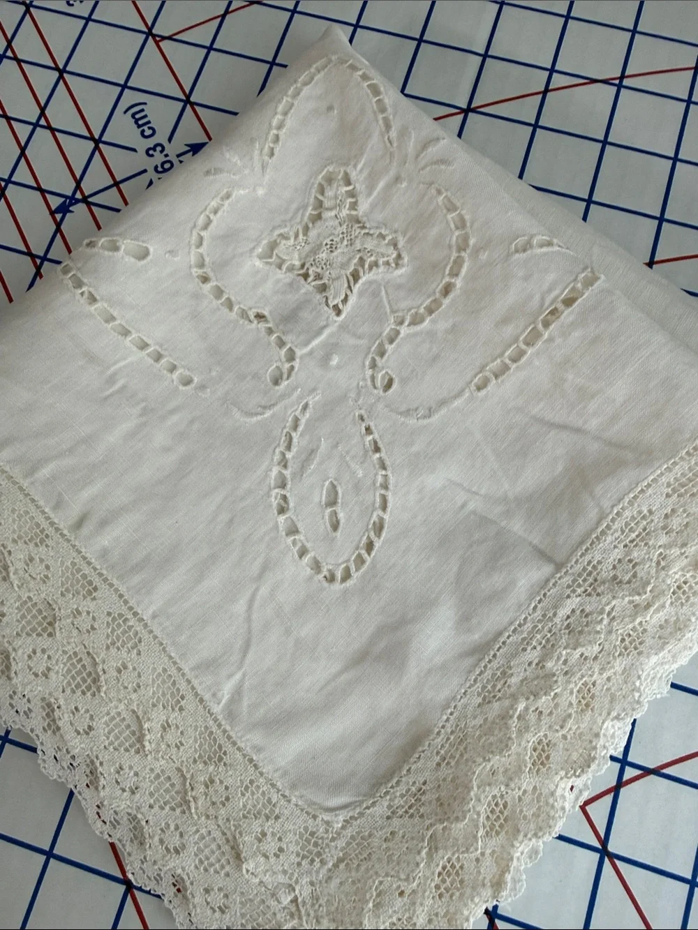 Antique White Linen Lace Table Topper 33 x 31 Drawn Thread Cutwork Embroidery